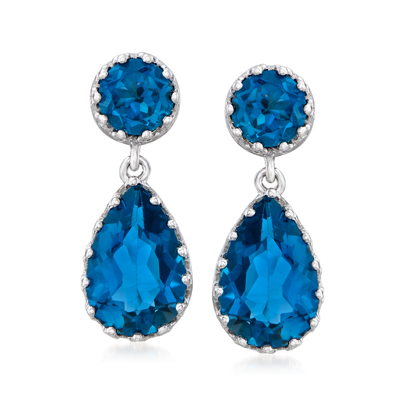 Sterling silver drop earrings with round and pear London Blue Topaz stones