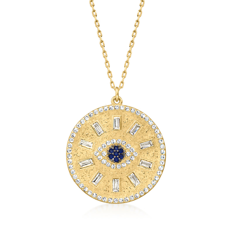 Gold-tone CZ evil eye medallion pendant necklace with blue center and round stones