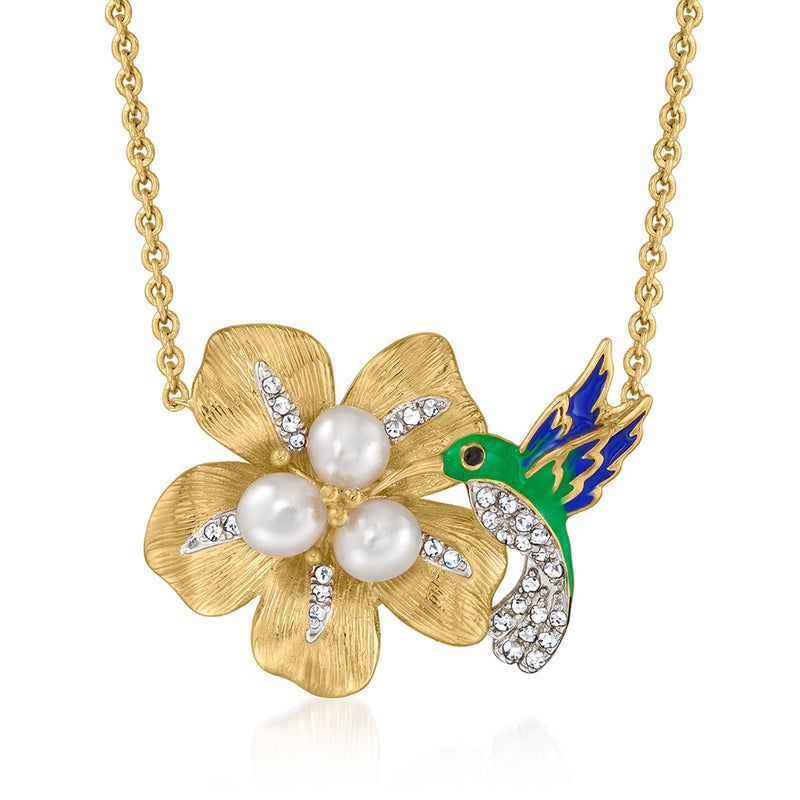 Gold over sterling hummingbird and flower necklace with white cultured pearls, diamonds, blue enamel