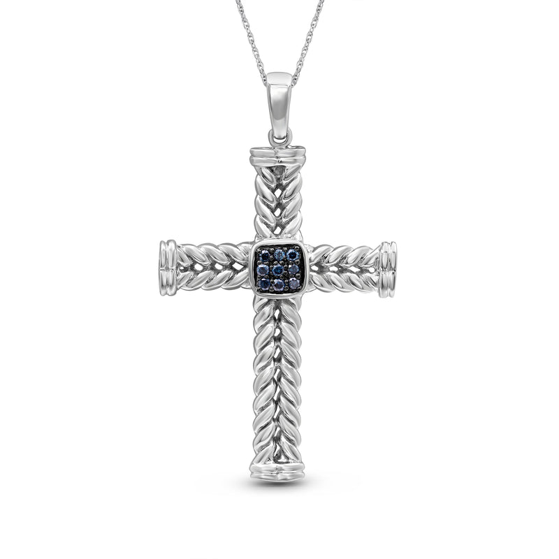 Silver braided cross pendant necklace with blue diamond-like accents