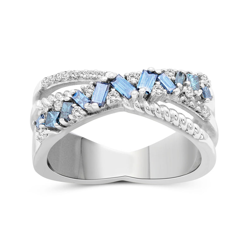 Sterling silver crisscross diamond ring with blue and white stones, polished band