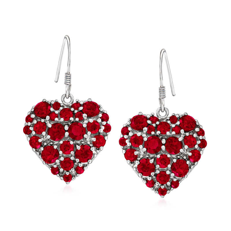 Garnet heart drop earrings in sterling silver with earwire hooks