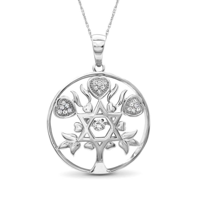 Sterling silver round pendant necklace with Tree of Life, Star of David, and 3 stones