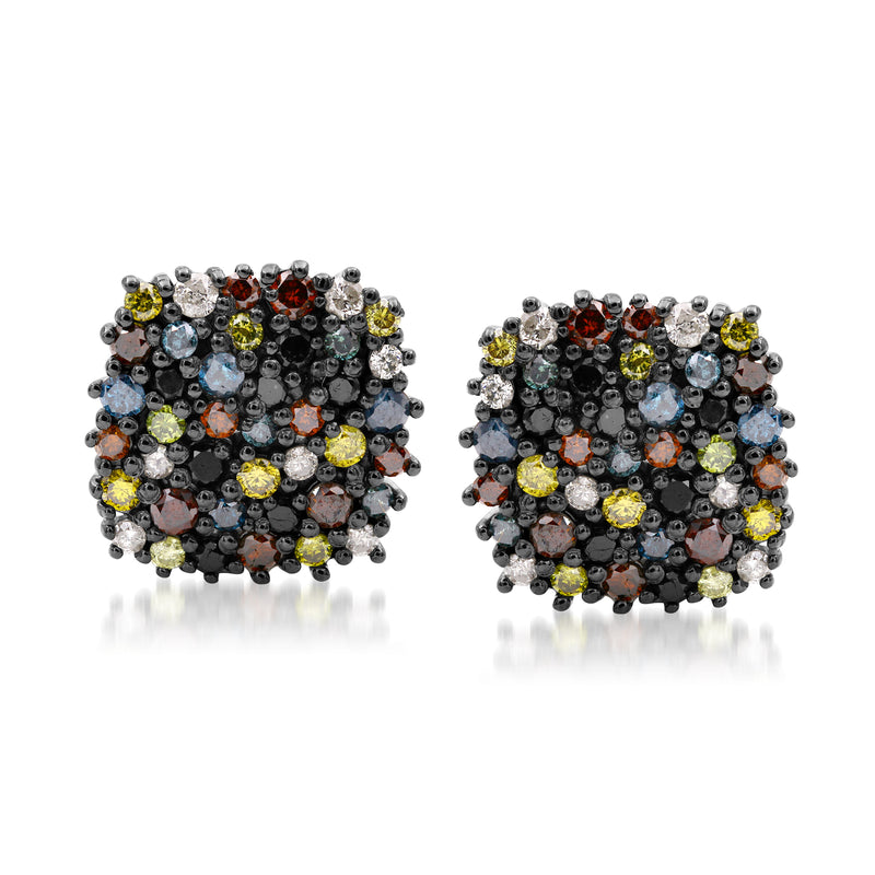 Multicolored diamond cluster stud earrings, sterling silver posts, square cluster of mixed stones