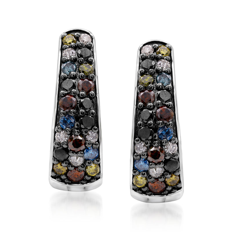 Sterling silver multicolored diamond tapered hoop earrings, two in view