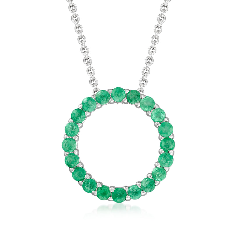 Sterling silver necklace with emerald-green circular halo pendant and link chain