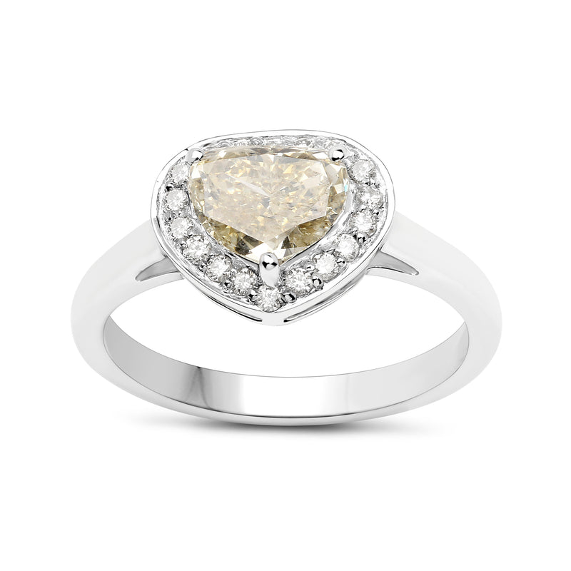Heart diamond ring in 18kt white gold with yellow center and white halo