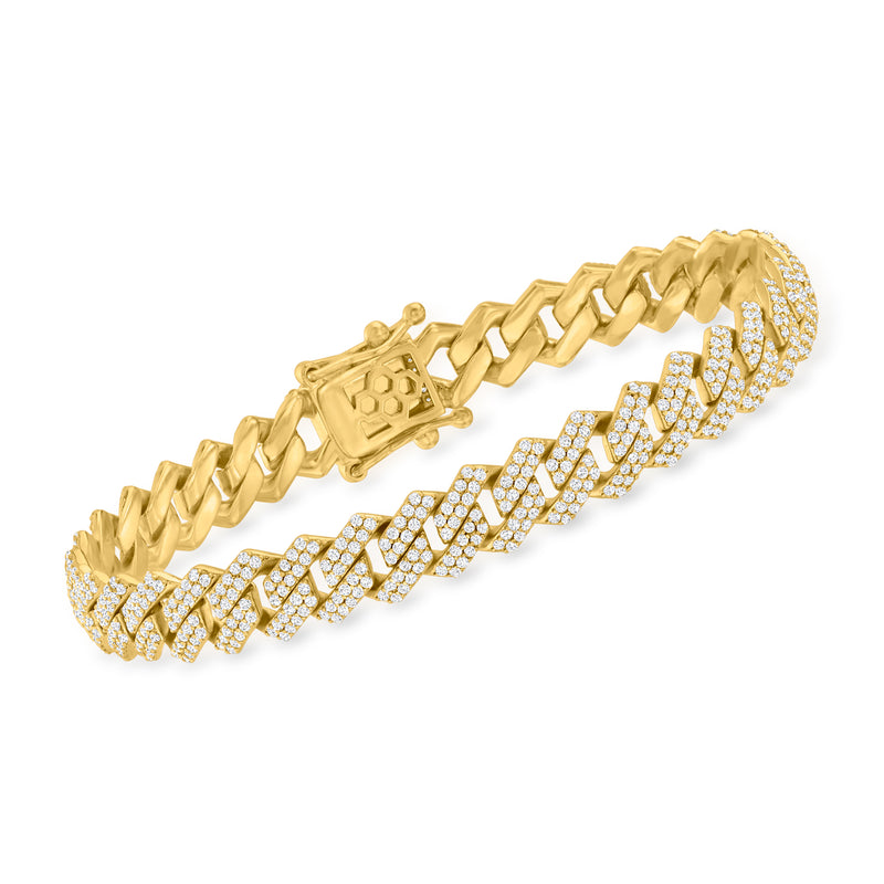 Gold-tone link bracelet with sparkling clear CZ round stones, wide tennis style