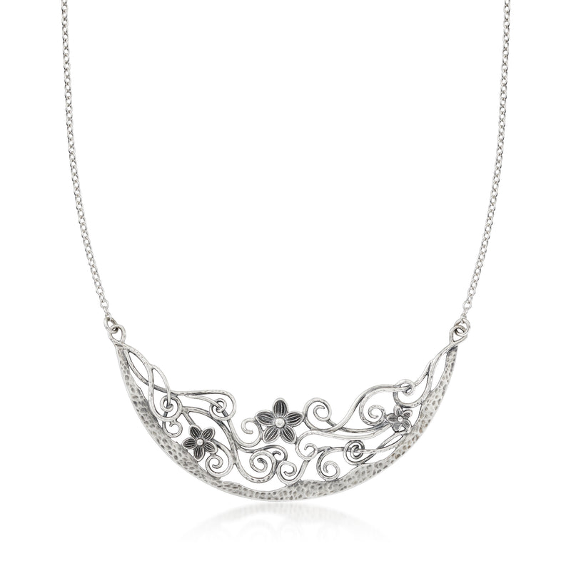 Sterling silver floral bar necklace with filigree scrollwork and small flower charms