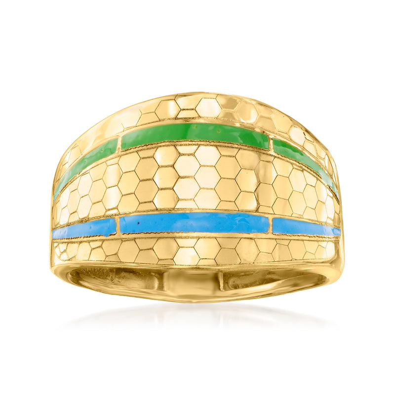 14kt yellow gold honeycomb enamel ring with green and blue inlays, rounded band