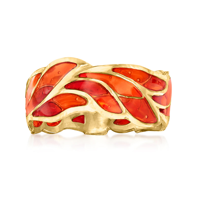 14kt yellow gold ring with red enamel leaf design, polished band