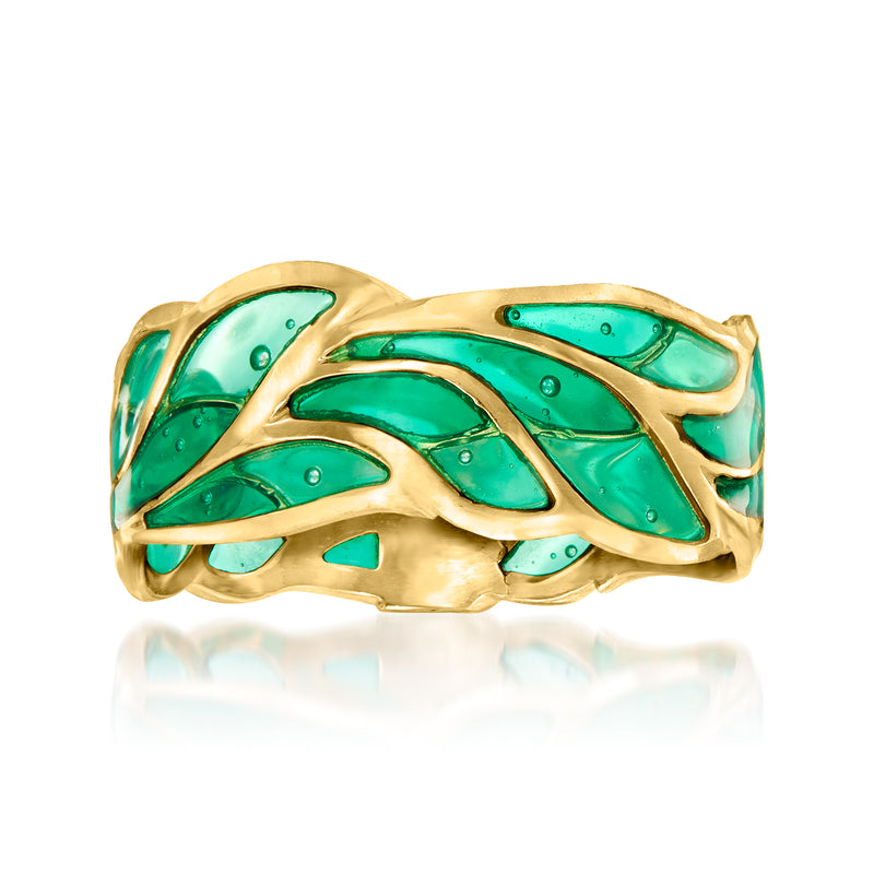 14kt yellow gold leaf ring with green enamel leaf and scalloped band