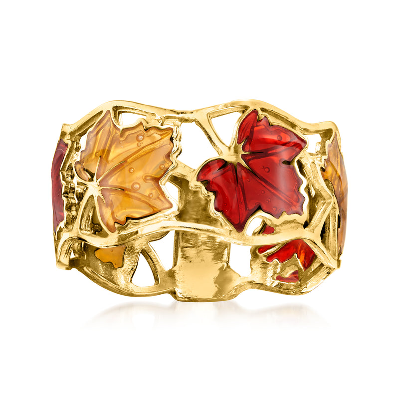 14kt yellow gold leaf ring with red and yellow enamel, openwork band