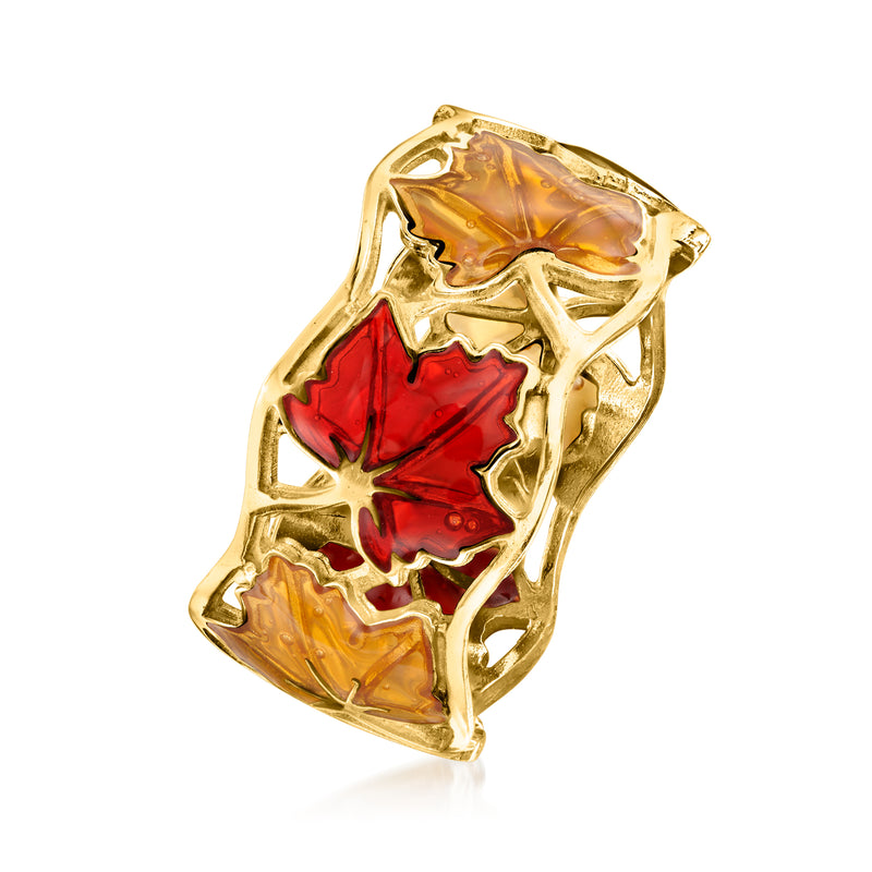14kt yellow gold leaf ring with red and yellow enamel, side view