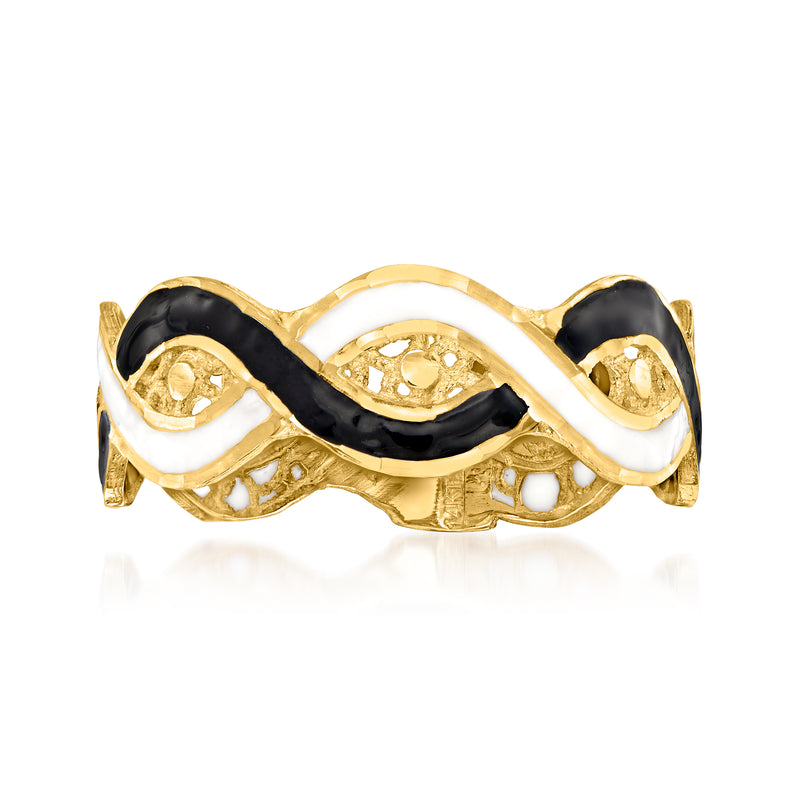 14kt yellow gold twisted ring with black and white enamel, oval wave design