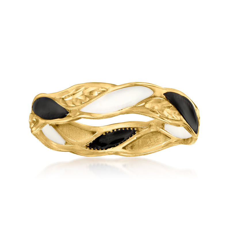 14kt yellow gold enamel ring with black and white oval inlay, glossy finish