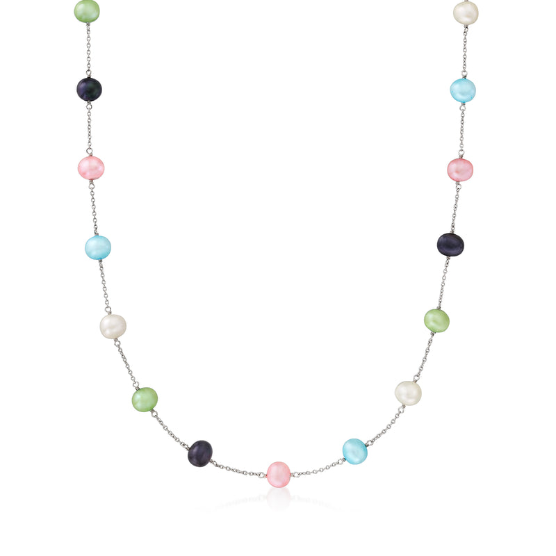 Sterling silver multicolored cultured pearl necklace with round pastel beads