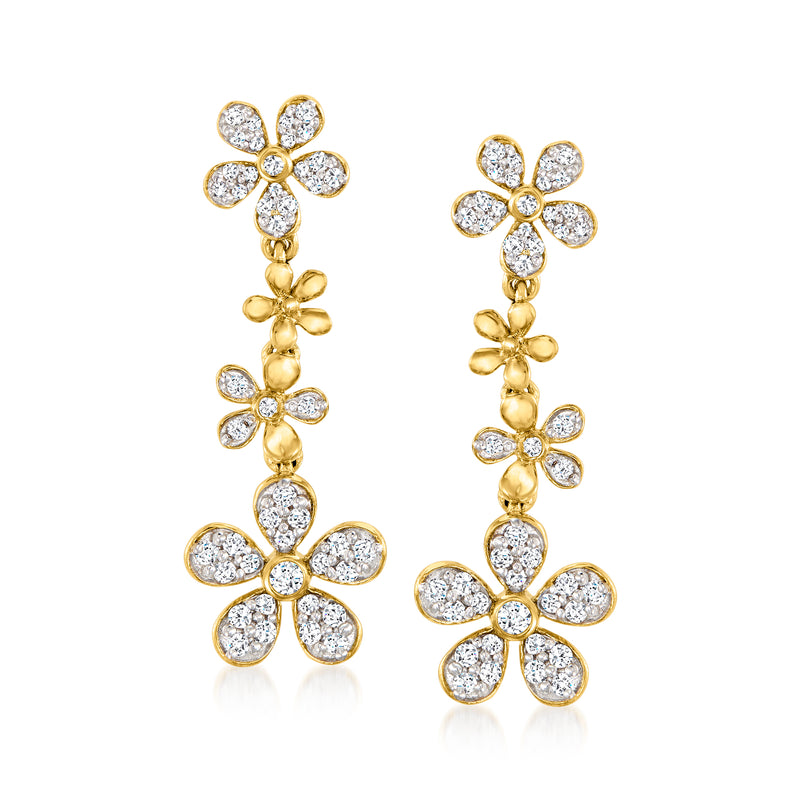 Gold-tone diamond daisy drop earrings with five flower clusters