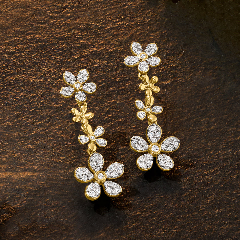 Gold-tone diamond daisy drop earrings, stacked flower drops and dangling beads