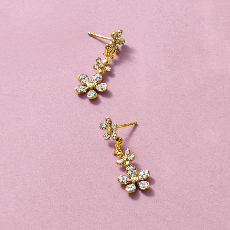 Gold-tone diamond daisy drop earrings, long silhouette with floral stations