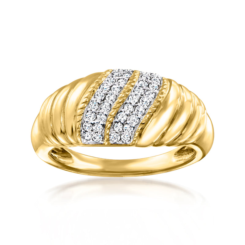 Gold ridged ring with three vertical diamond stripes in center, diamond accents