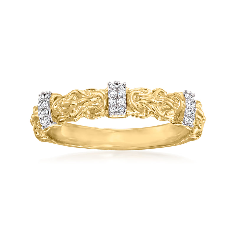 Gold Byzantine diamond-look ring with baguette stones on a textured band