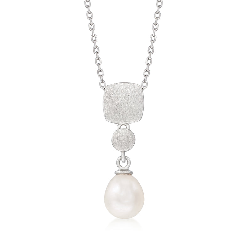 Sterling silver cultured pearl necklace with square charm and drop pearl