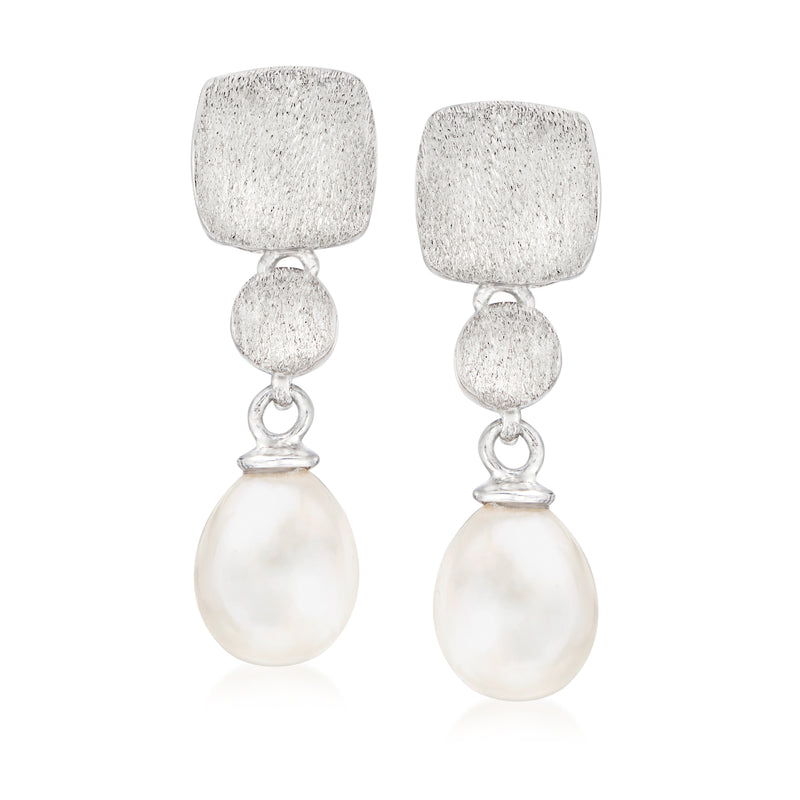 Sterling silver drop earrings with textured square tops and teardrop cultured pearl drops