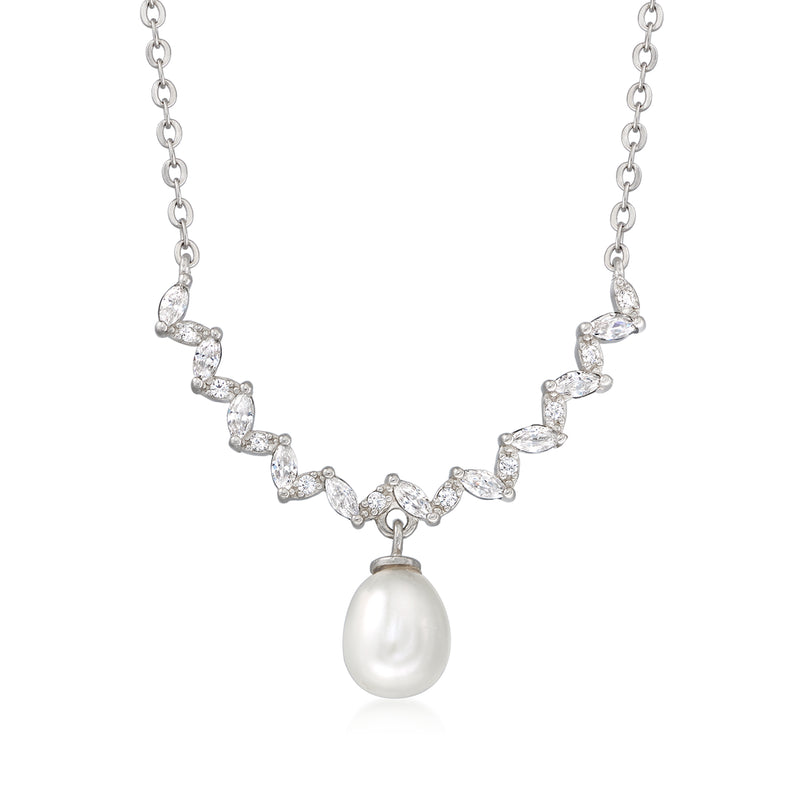 Sterling silver necklace with marquise CZ links and a single cultured pearl pendant