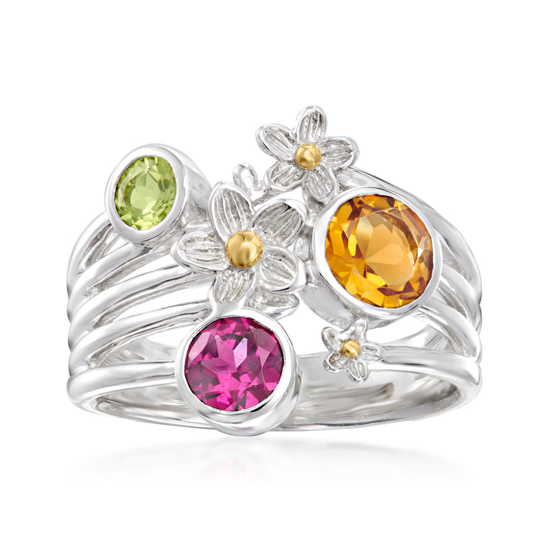 Sterling silver floral gemstone ring with oval citrine, rhodolite, peridot and gold accents