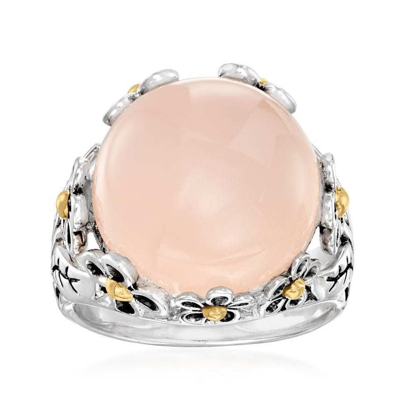 Sterling silver floral ring with oval rose quartz cabochon and 14kt yellow gold accents