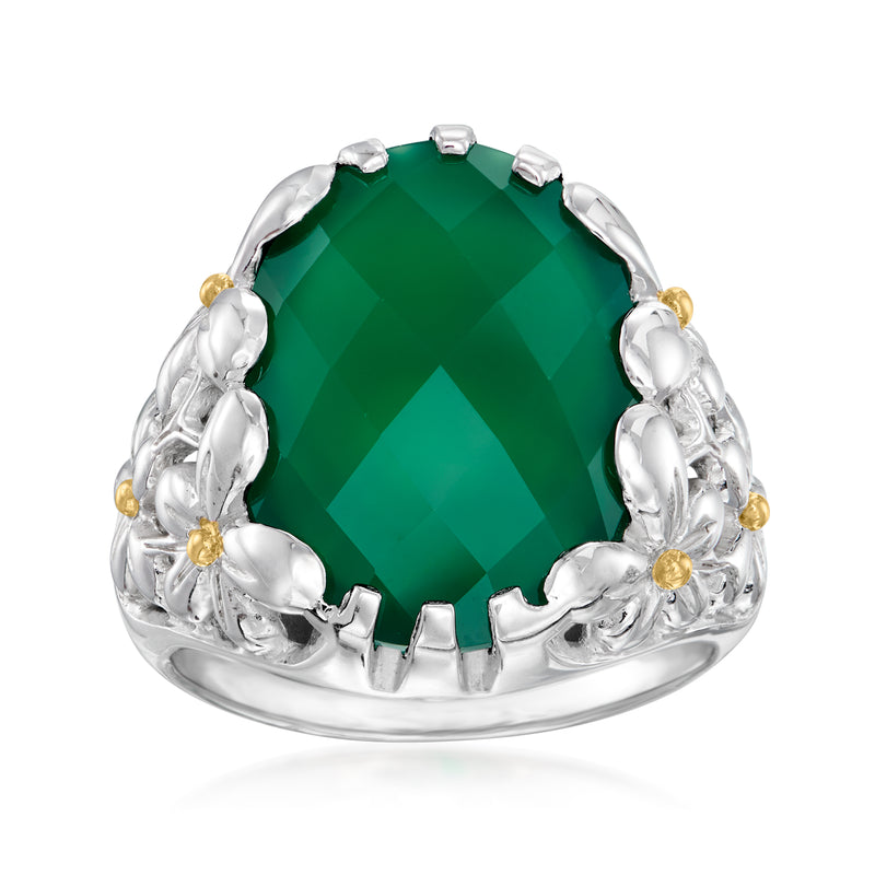 Sterling silver ring with green faceted chalcedony center and floral yellow gold accents