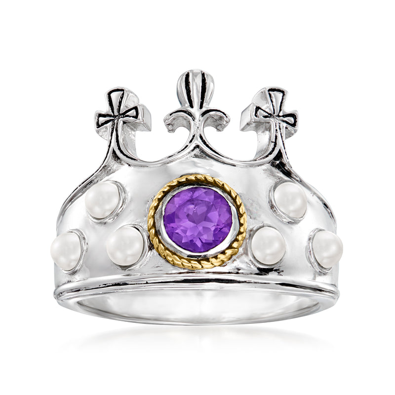 Sterling silver crown ring with oval amethyst center, gold bezel, and pearl studs