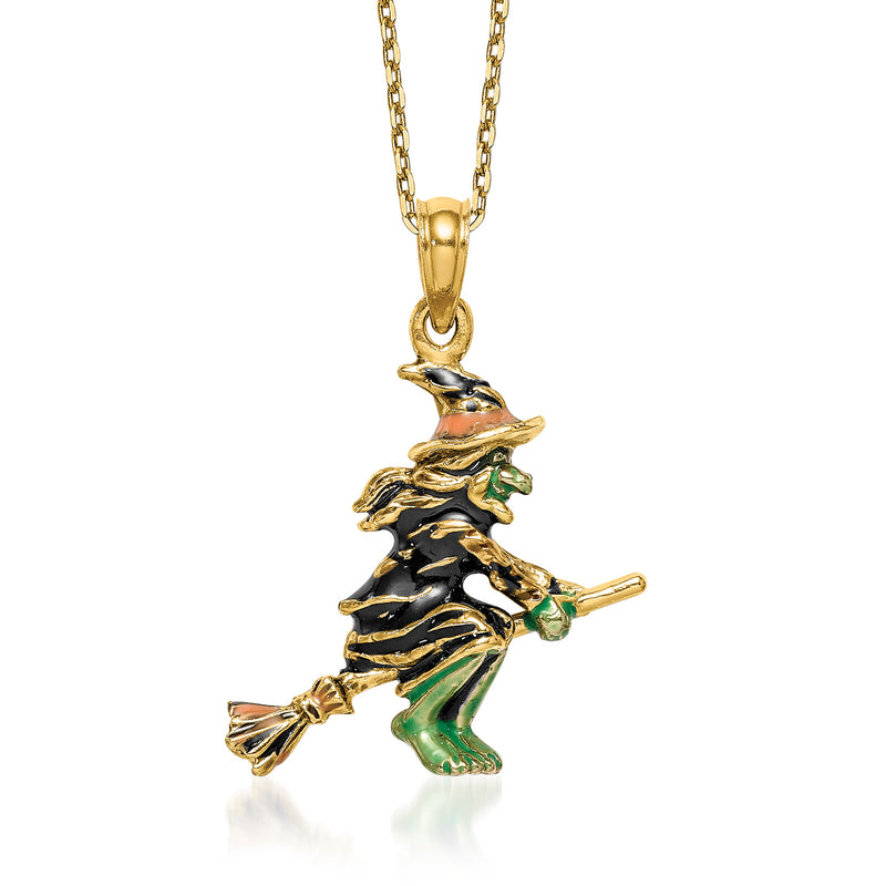 14kt yellow gold witch charm necklace with multicolored enamel, broom-holding figure