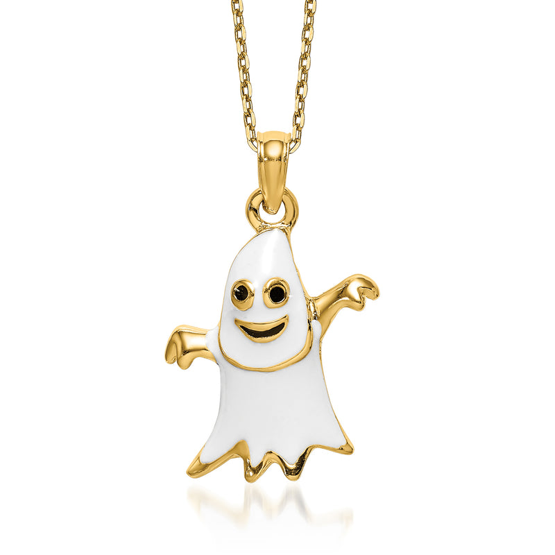 14kt yellow gold ghost charm necklace with white enamel and black eyes