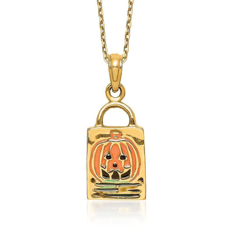 14kt yellow gold necklace with multicolored enamel pumpkin bag charm pendant
