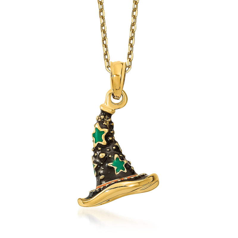 14kt yellow gold witch hat charm necklace with multicolored enamel detail