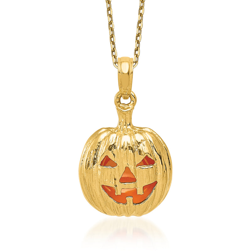 14kt yellow gold jack-o'-lantern charm necklace with round pumpkin enamel face and chain