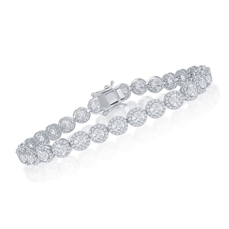 Sterling silver halo CZ bracelet with round clustered stone links and box clasp