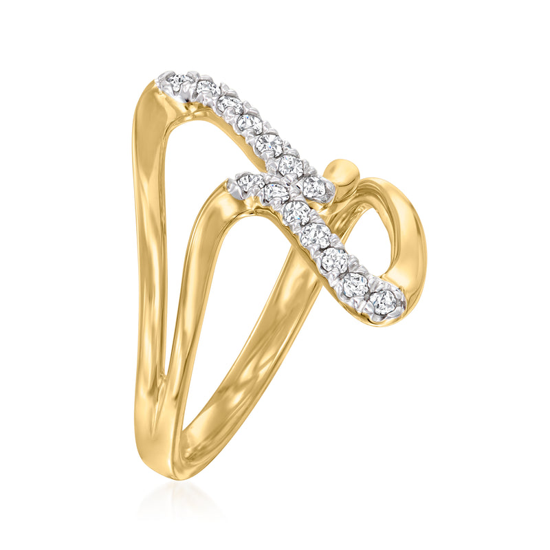 Gold double-wave diamond ring with curved bands and pave-set stones