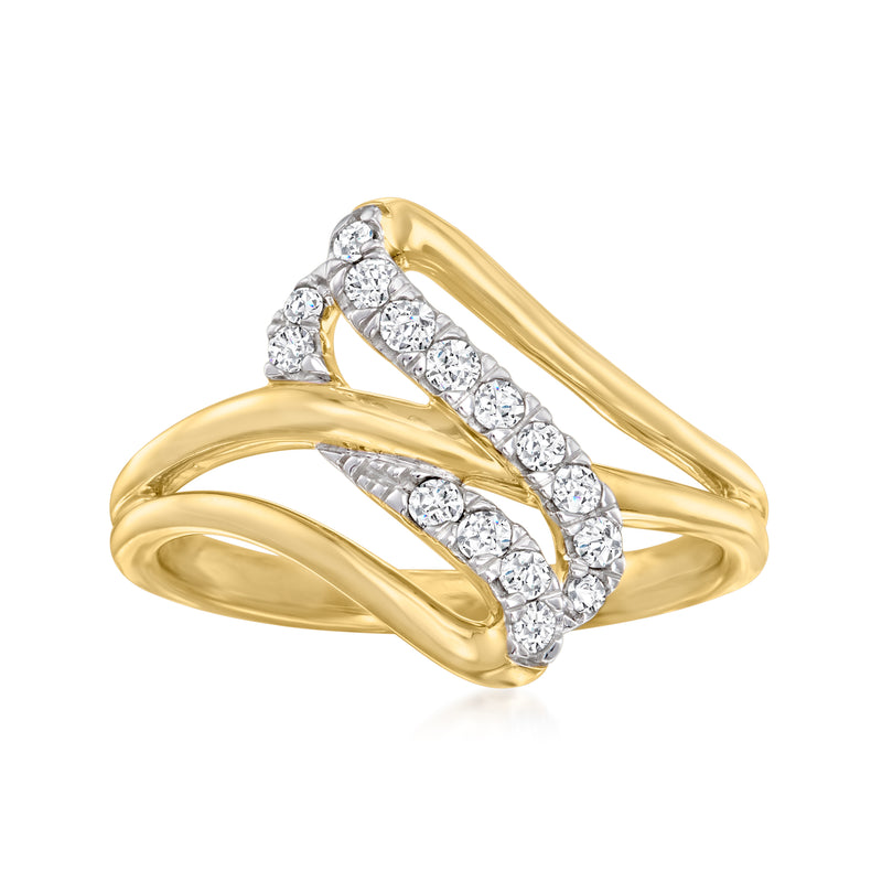 18kt gold wave ring with diamond-like round stones in three rows