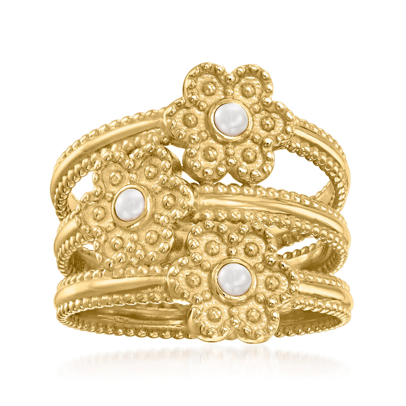 18kt gold over sterling flower ring with three white cultured pearl centers