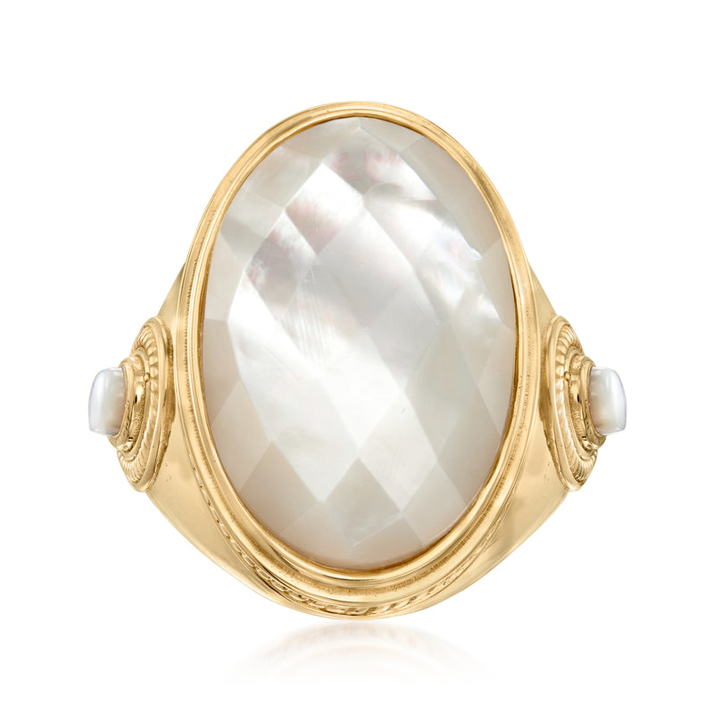 Oval mother-of-pearl ring in gold over sterling with white side stones