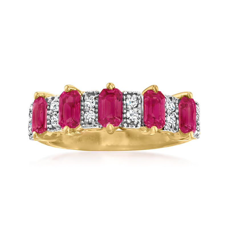 Ruby and diamond ring in 14kt yellow gold with five pink ruby stones