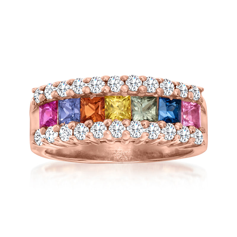 14kt rose gold ring with multicolored sapphire center and round diamonds