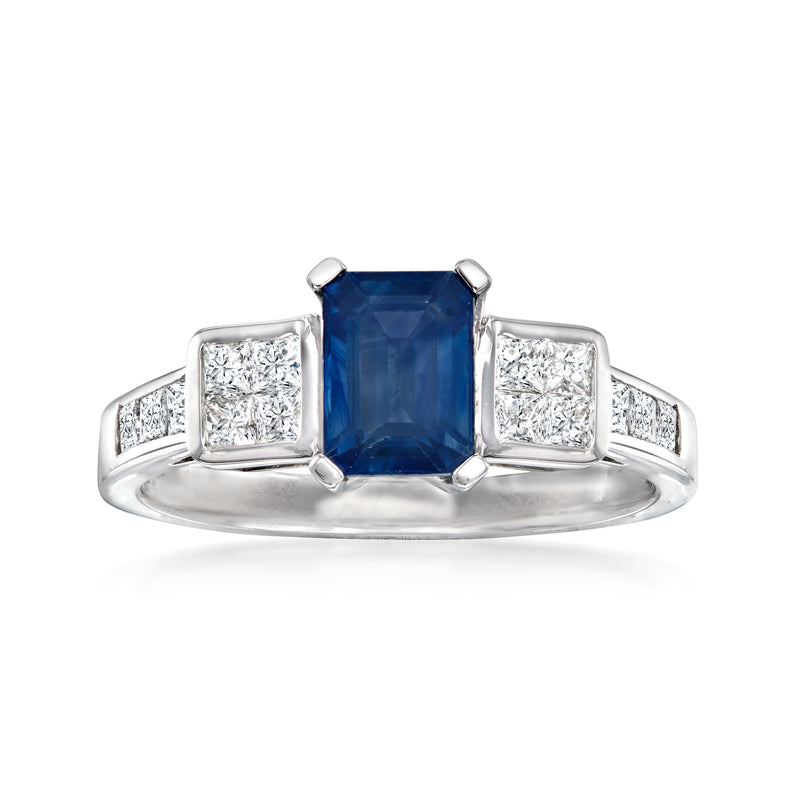 14kt white gold ring with rectangular blue sapphire center and square diamond side stones
