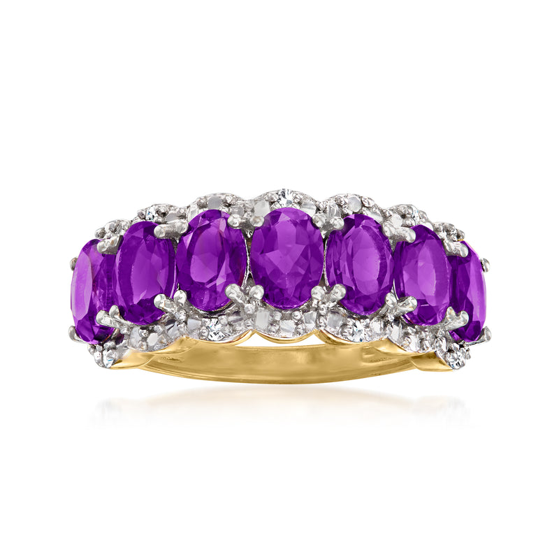 Amethyst and diamond-accent ring with five oval purple stones in prong setting, gold band