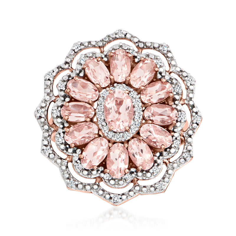 Floral morganite ring in rose gold with oval center stone and diamond halo