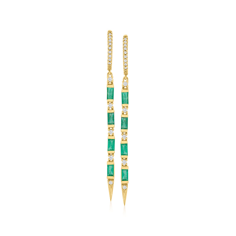 14kt yellow gold hoop drop earrings with emerald-cut green stones and diamond accents