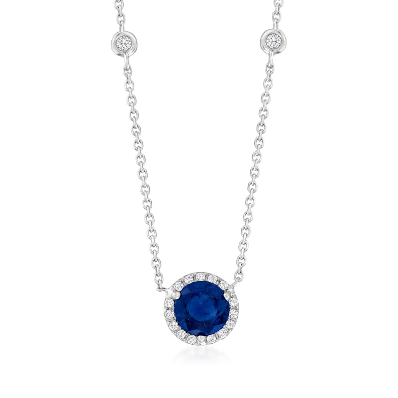 14kt white gold station necklace with round blue sapphire and diamond halo